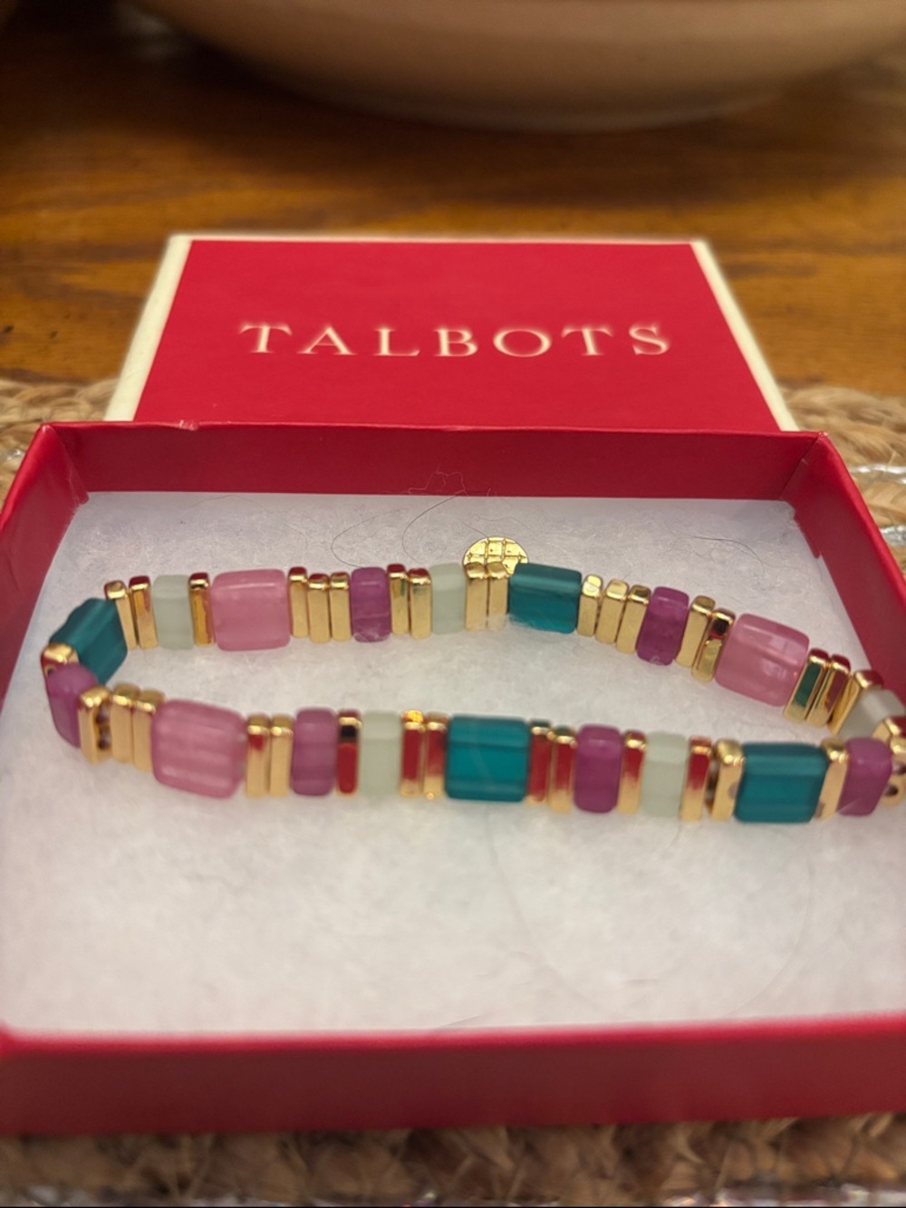 Talbots Pink & Teal Multicolor Gold-Accent Beaded Stretch Bracelet - Picture 2 of 2